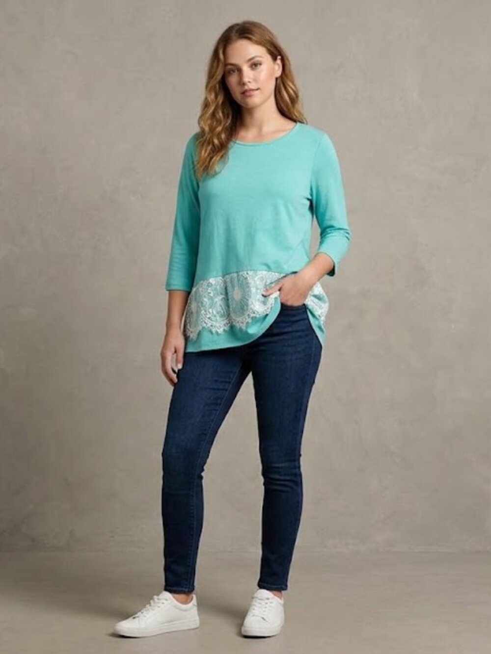 Boho womens tunic top shirt size small lace teal 3/4 sleeve cottagecore coastal